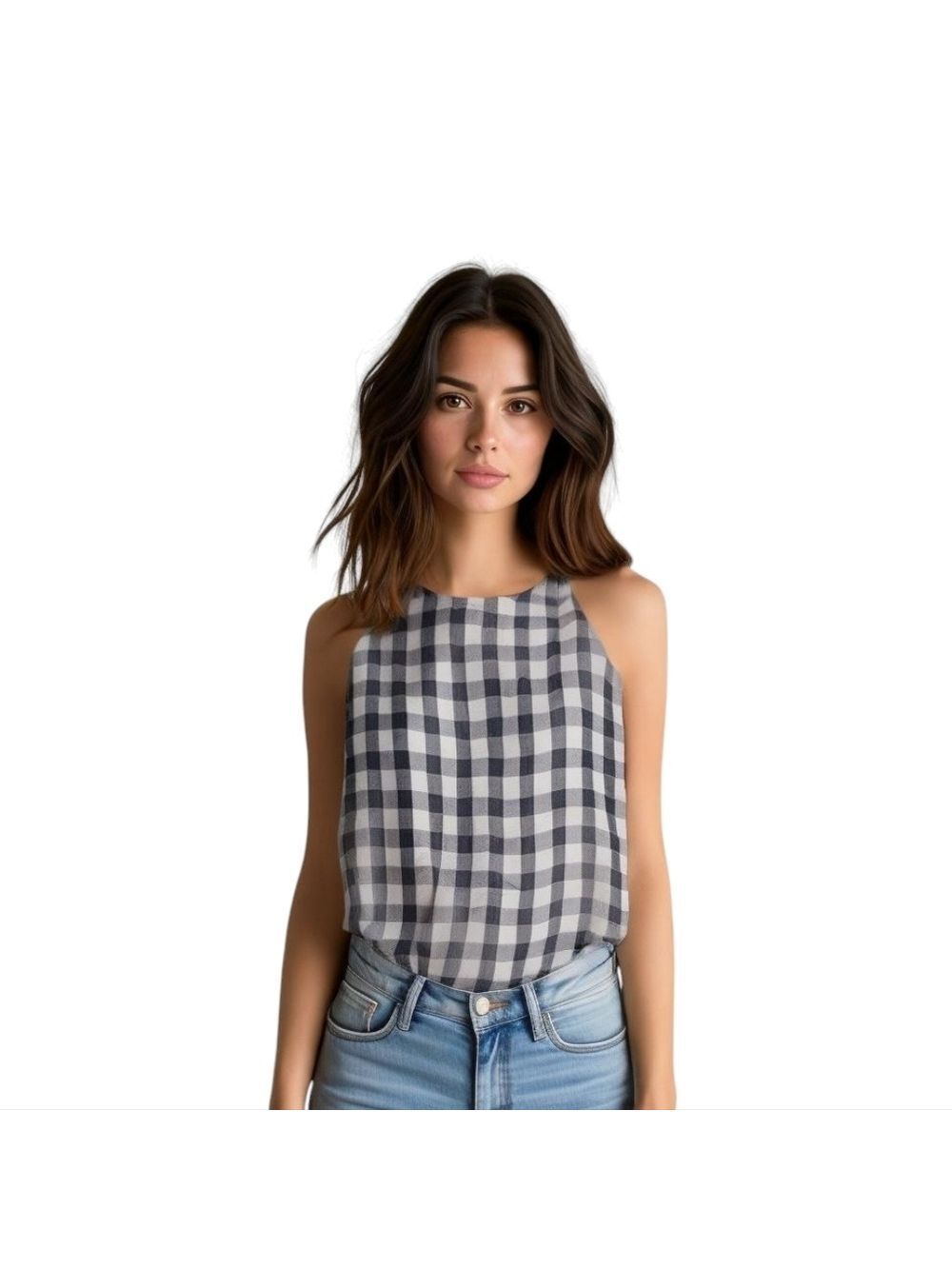 Cloth & Stone Gingham Blue & White Crewneck Tank Top S